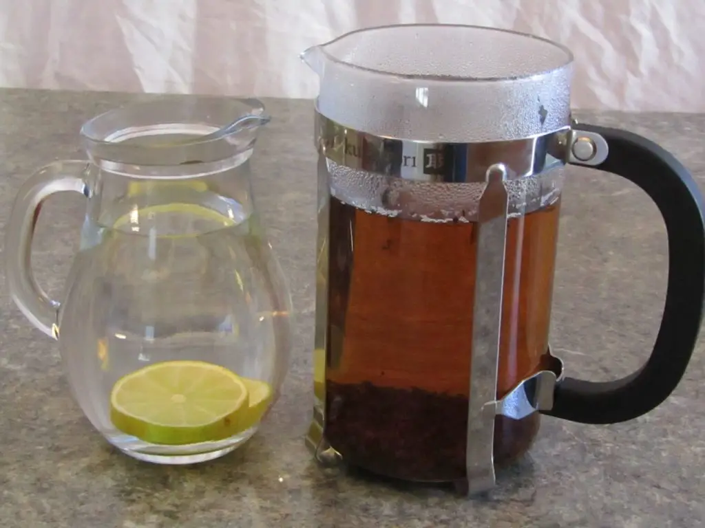 a jug of water with lime slices and a bodum full of hot tea