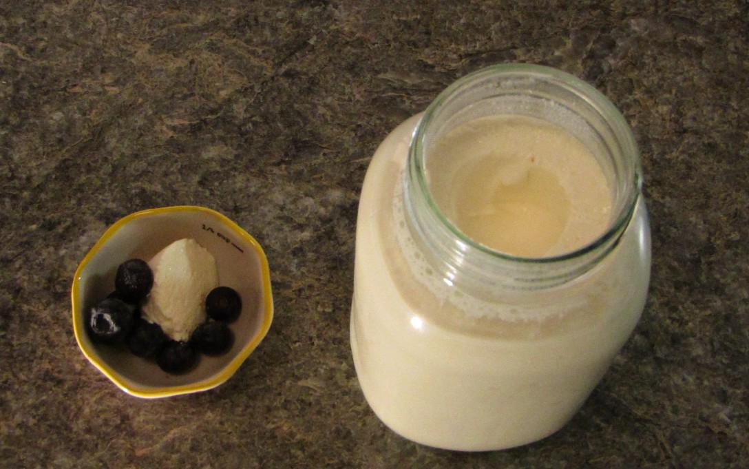 Top down view of a bowl of heavy cream yogurt with blueberries and a mason jar of heavy cream yogurt